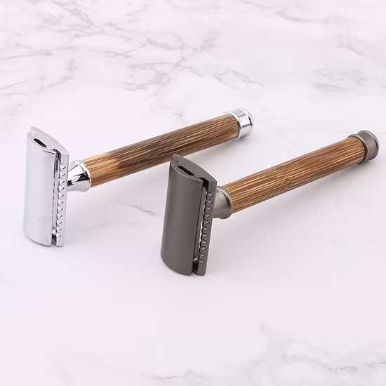 D670 RTS manche en bambou naturel Women's rasage classique coupe droite rasoir de sécurité 3 pièces